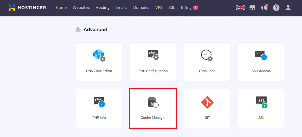 Selecting Cache Manager on hPanel