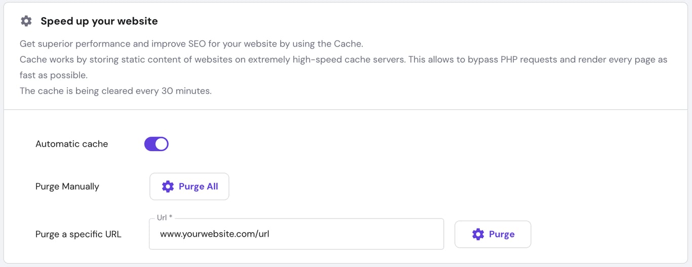 hPanel's menu for purging cache of a specific URL