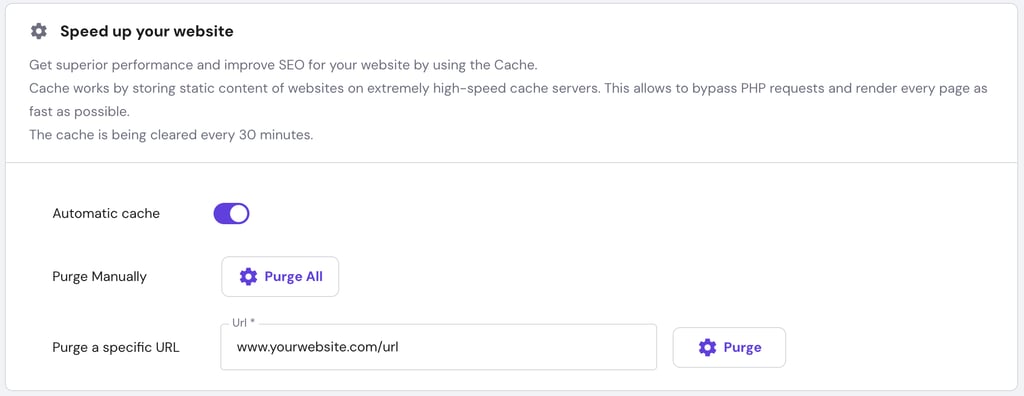 hPanel's menu for purging cache of a specific URL