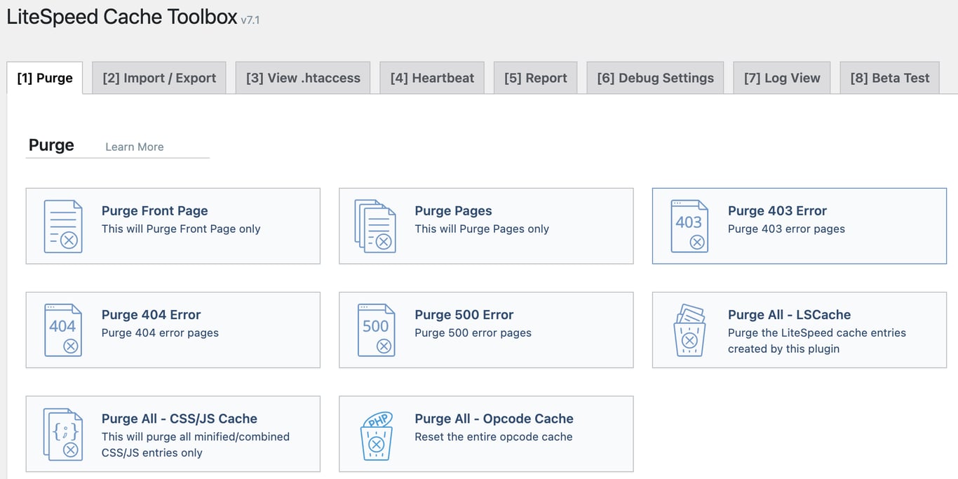 LiteSpeed Cache plugin's cache purging menu