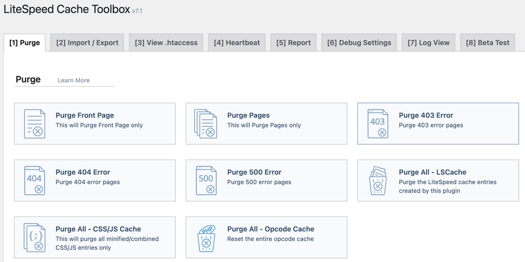 LiteSpeed Cache plugin's cache purging menu
