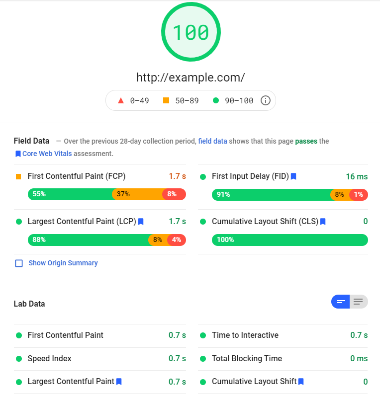 Screenshot of PageSpeed Insight Example
