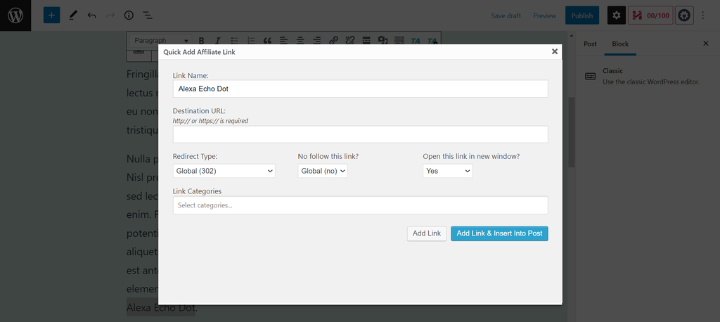 Quick Add Affiliate Link feature of ThirstyAffiliates on the WordPress text editor, enabling users to add links without leaving the page