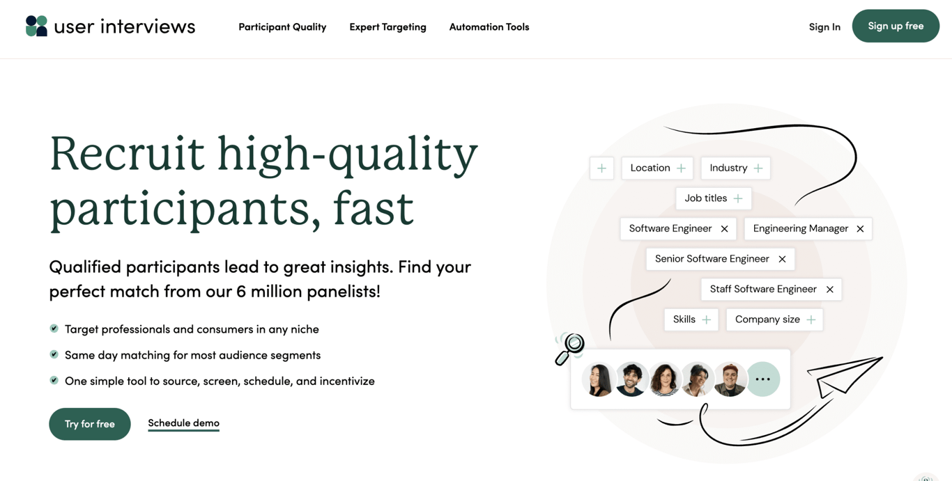 Webpage promoting user recruitment services, highlighting participant quality, audience targeting, and easy scheduling tools.