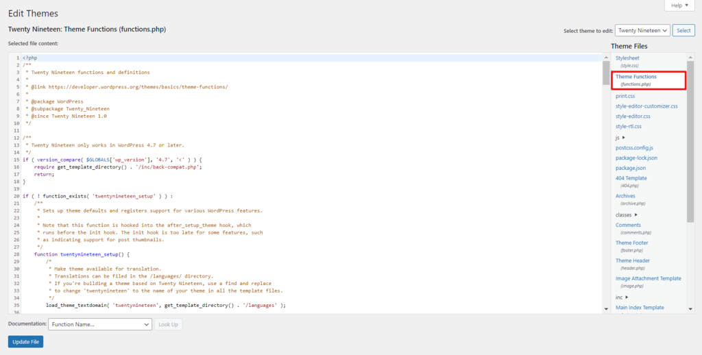 The functions.php file shown on the WordPress dashboard