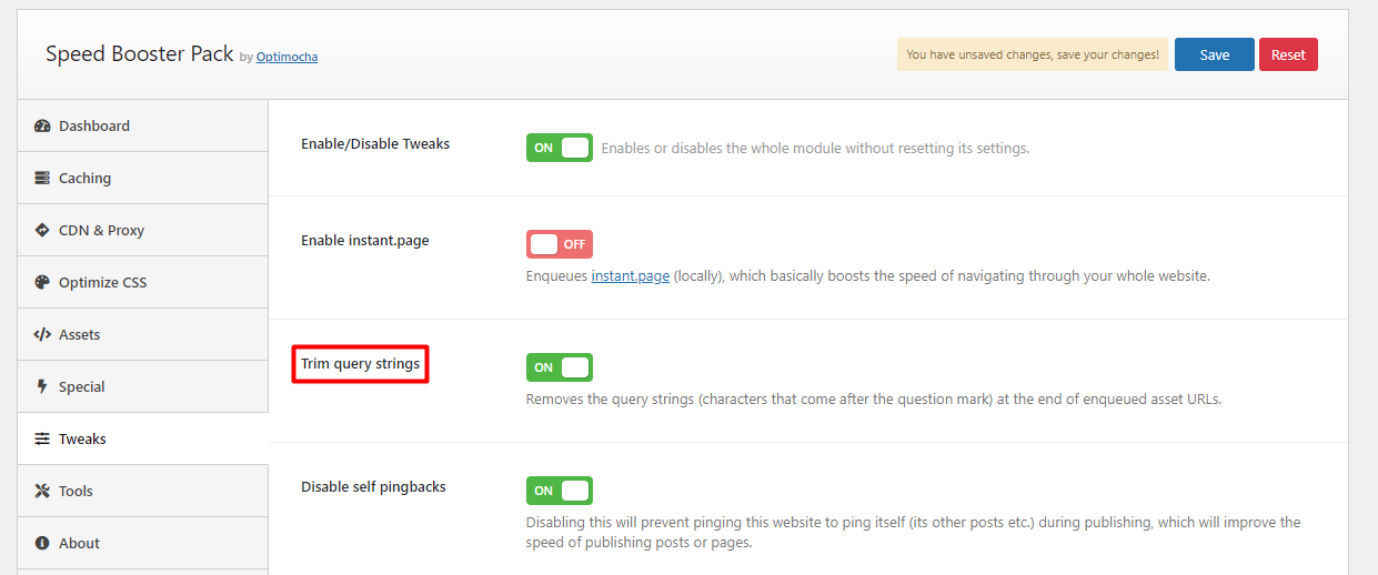 Speed Booster plugin's settings