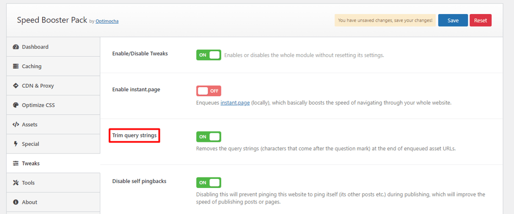 Speed Booster plugin's settings