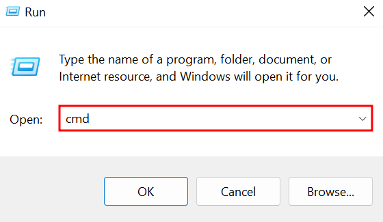 The Run window with cmd typed in the field and highlighted