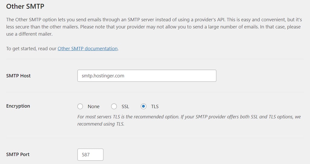 The Other SMTP documentation field with SMTP host, TLS encryption, and port number filled out