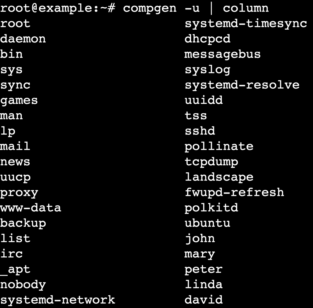 Terminal showing compgen -u | column output with listed usernames