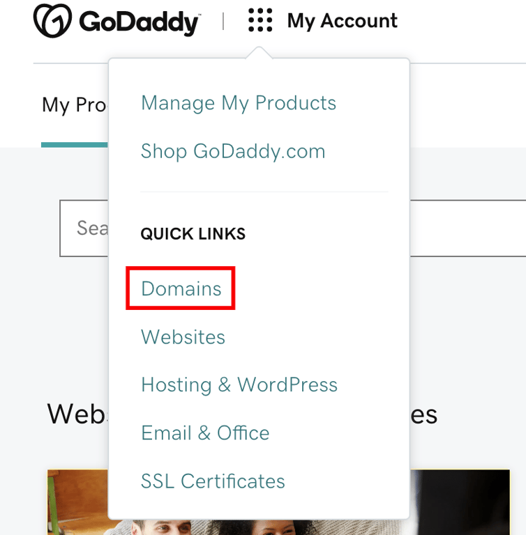GoDaddy account view, quick link to domains is highlighted