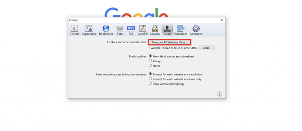 Remove All Website Data button "Remove Now"