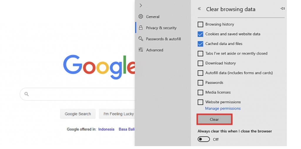Cookies and saved website data and Cached data and files options "Clear"