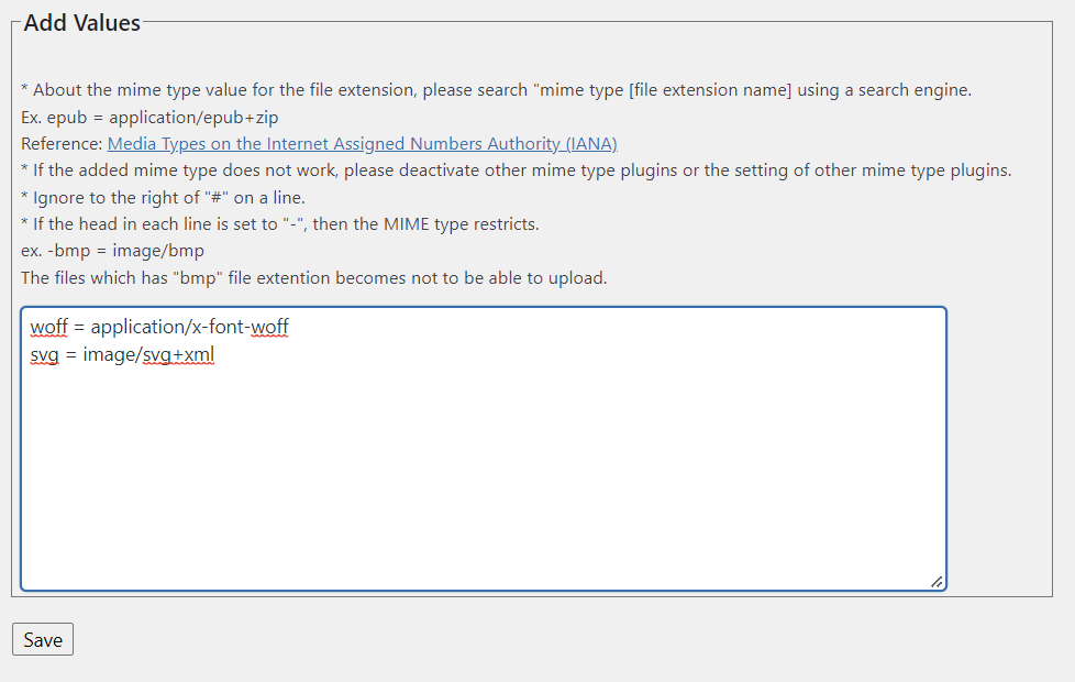 The Add Values section of the WP Add Mime Types plugin