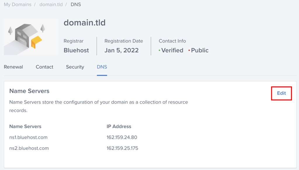 The DNS page on the Bluehost website. The Edit button near nameservers section is highlighted