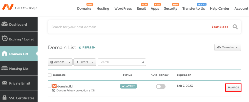 The Domain List section on the Namecheap website. Manage button near a domain is highlighted