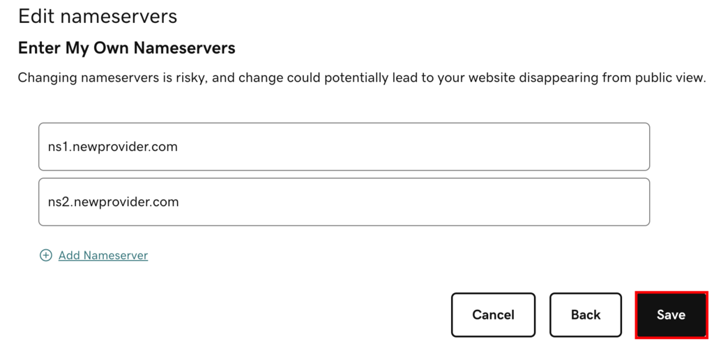 The Edit nameservers section on the GoDaddy website. Save button is highlighted