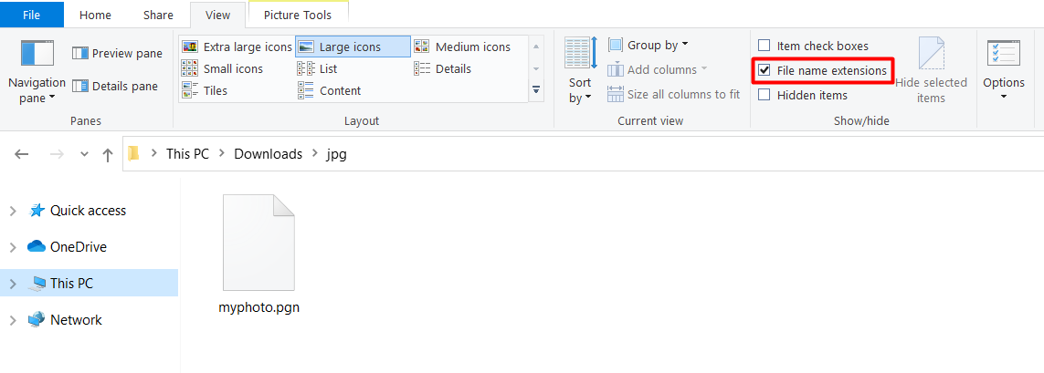 The File Explorer interface on Windows with "File name extensions" highlighted in red