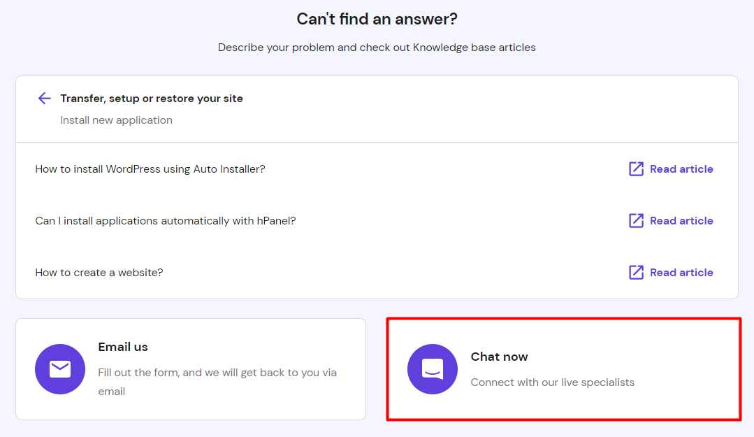The Help section on hPanel with "Chat now" highlighted in red