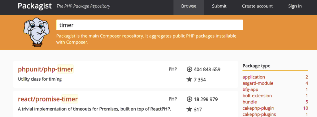 Packagist website, providing its users with thousands of dependencies and libraries. The window showcases search results for the "timer" keyword.