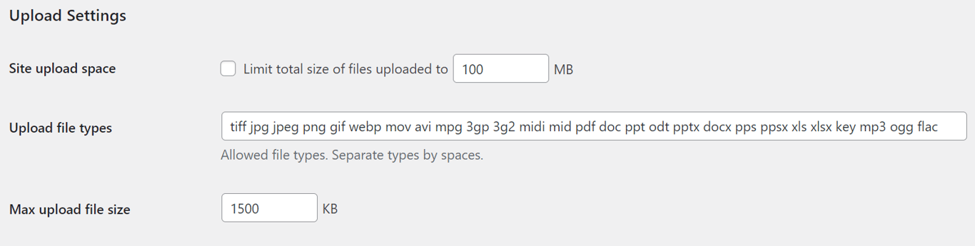 The Upload Settings section on the WordPress Multisite dashboard