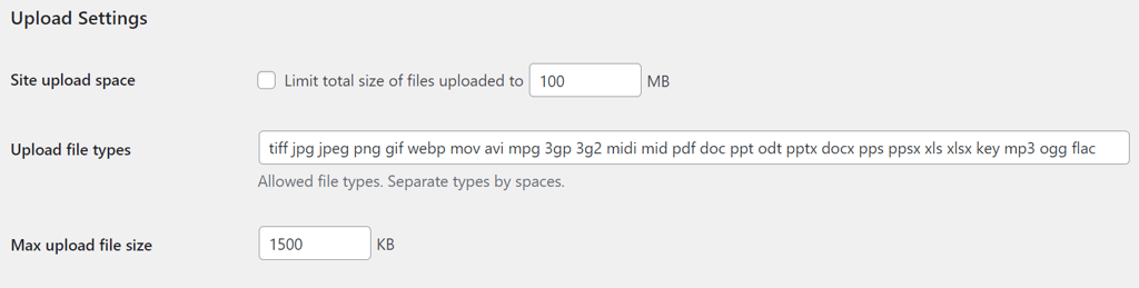 The Upload Settings section on the WordPress Multisite dashboard