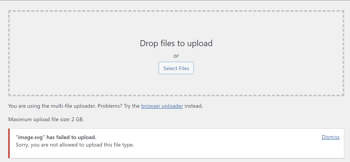 The WordPress multi-file uploader showing the "Sorry, you are not allowed to upload this file type" error message