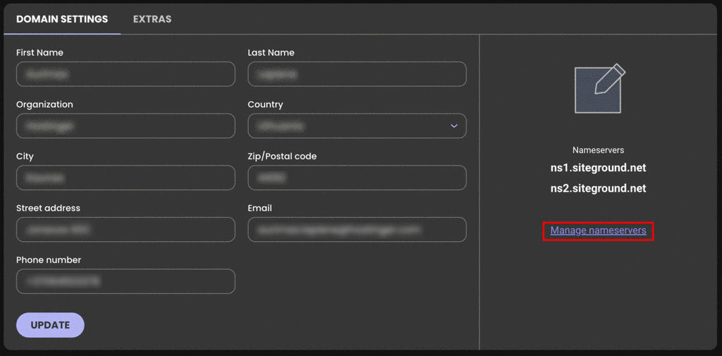 The domain settings section on the SiteGround website. Manage nameservers button is highlighted