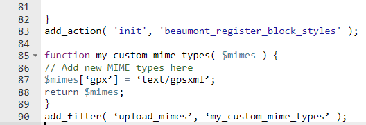 The functions.php file showing the upload mimes filter