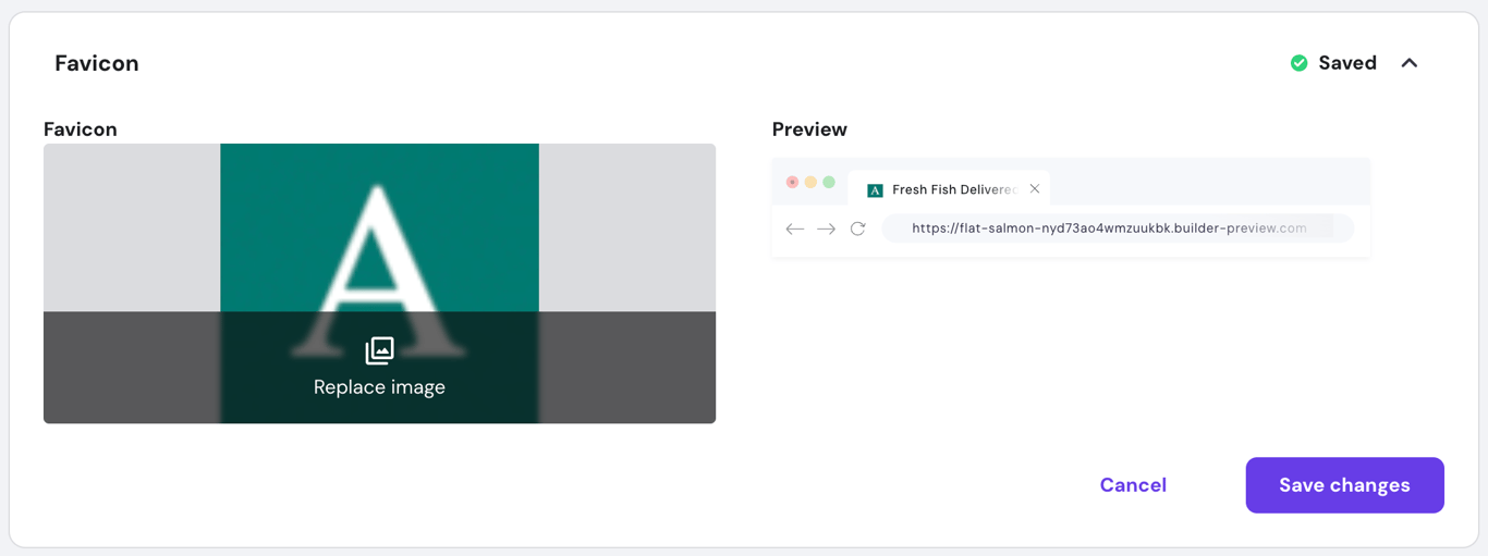 Hostinger Website Builder's favicon configuration menu