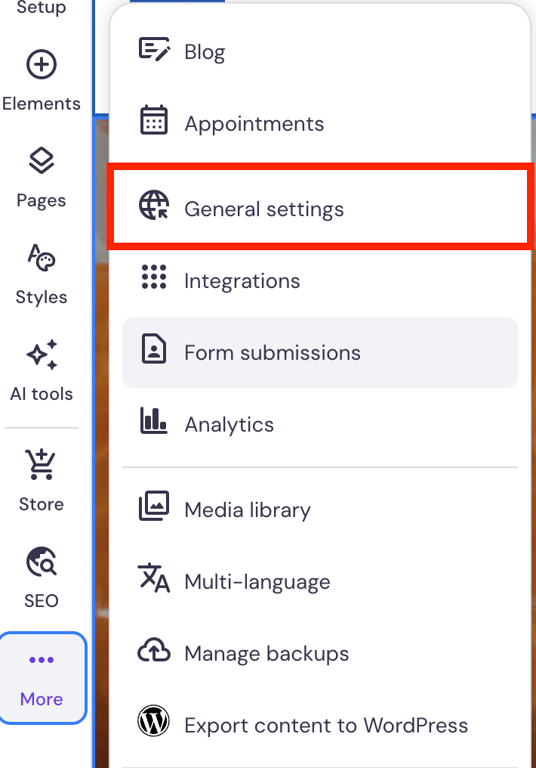 Hostinger website builder's Website General Settings