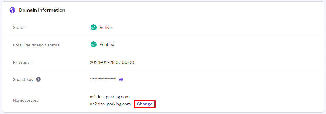 the Domain Information section on hPanel with highlighted Change button