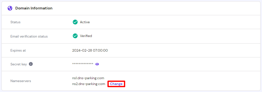 the Domain Information section on hPanel with highlighted Change button