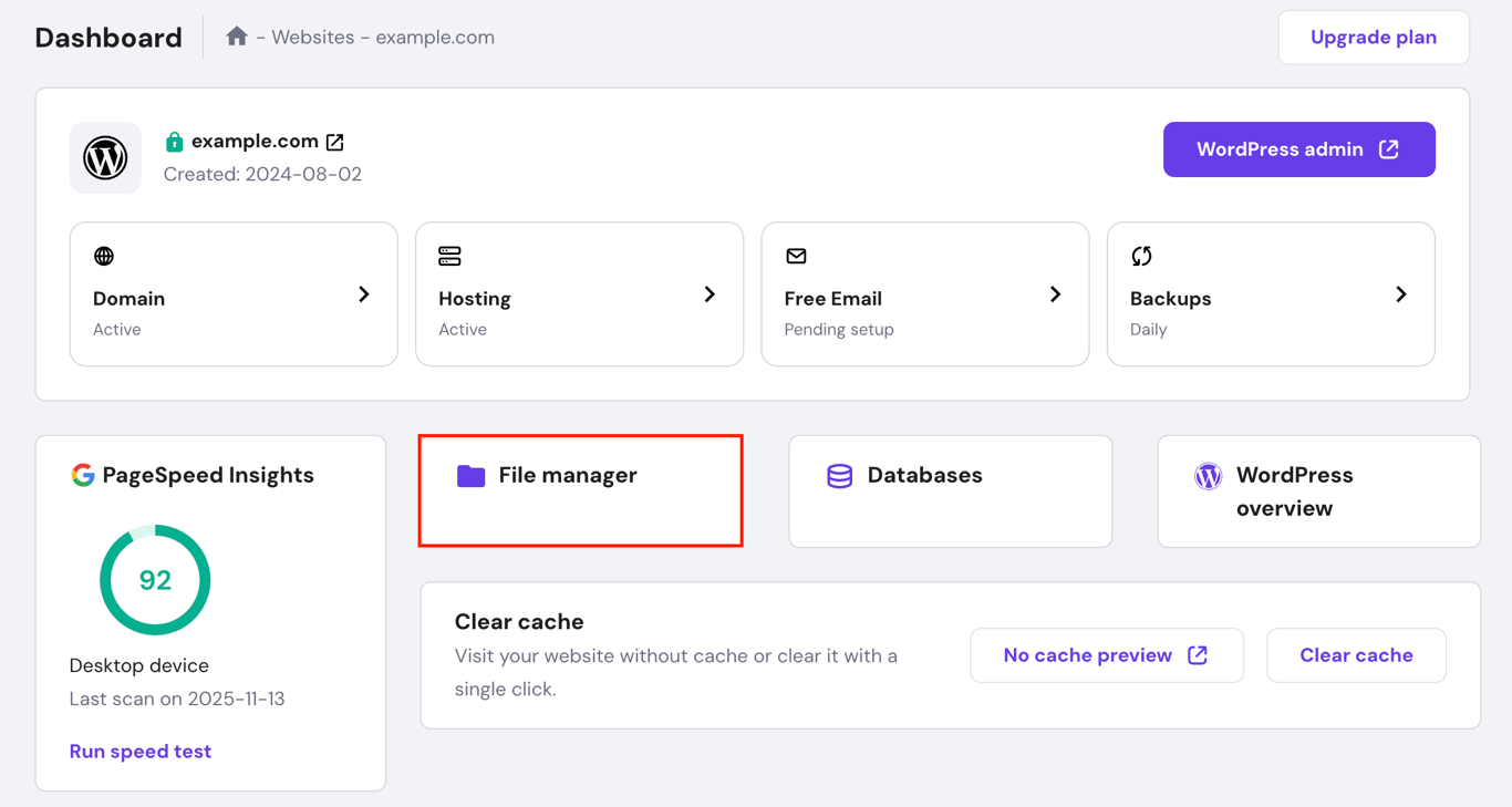 hPanel dashboard showing Websites page with File Manager option highlighted