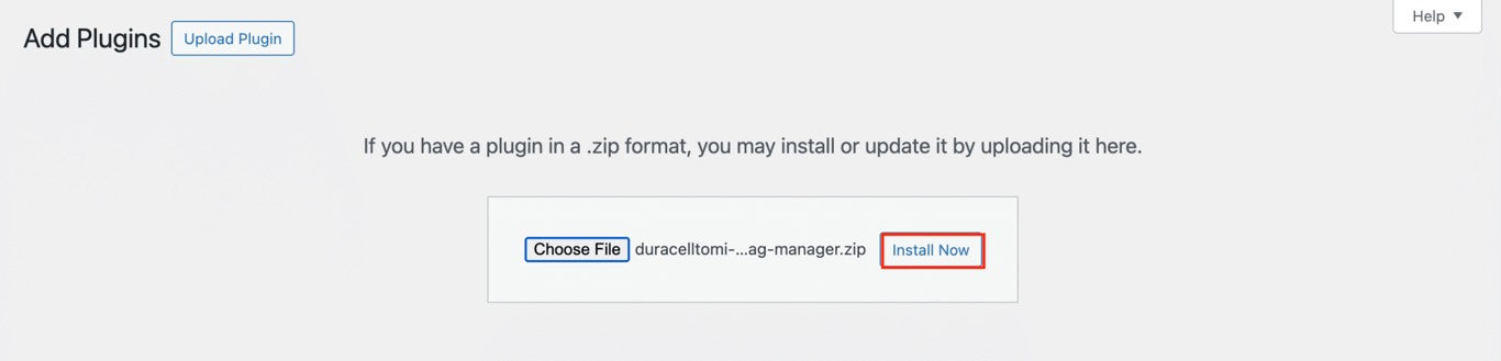 The Install Now button to upload a WordPress plugin file