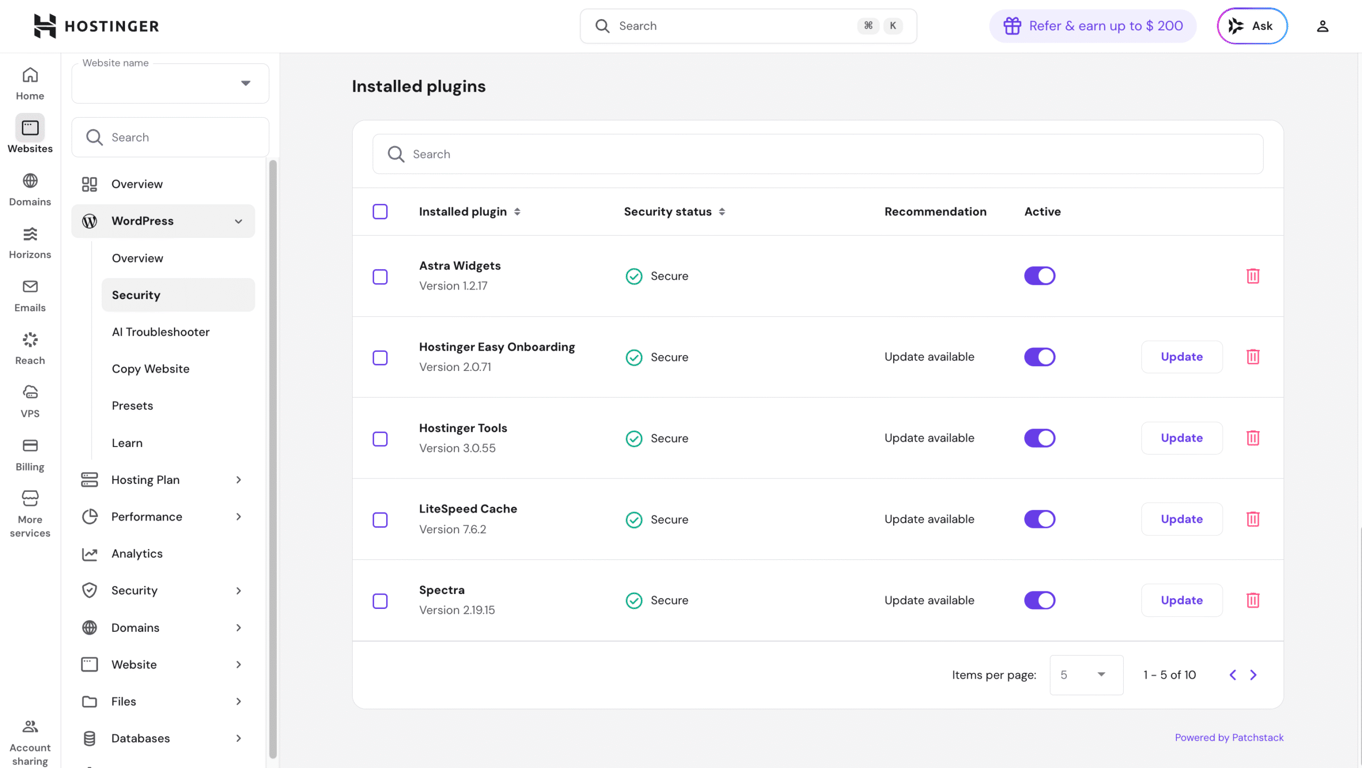 The Installed WordPress plugins list on Hostinger's hPanel