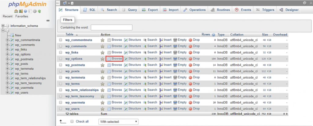 phpMyAdmin - Browse next to the wp_options table