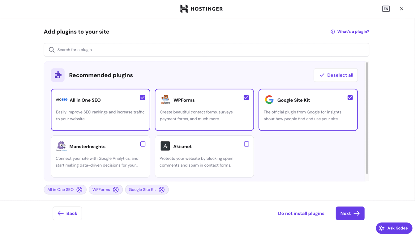 The plugin selection step on Hostinger WordPress site creation onboarding