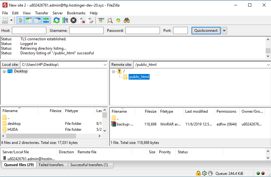 Tela do Filezilla