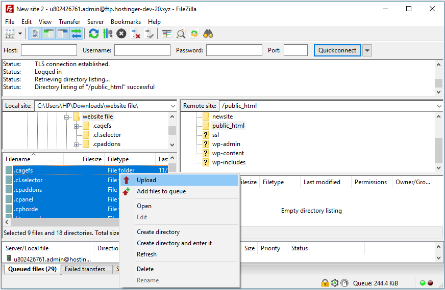 Tela de transferencia do Filezilla