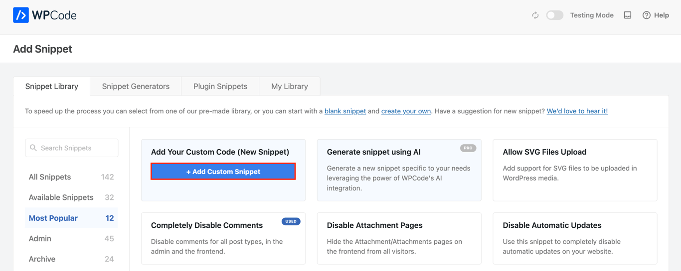 WordPress WPCode screen with Add Custom Snippet option highlighted