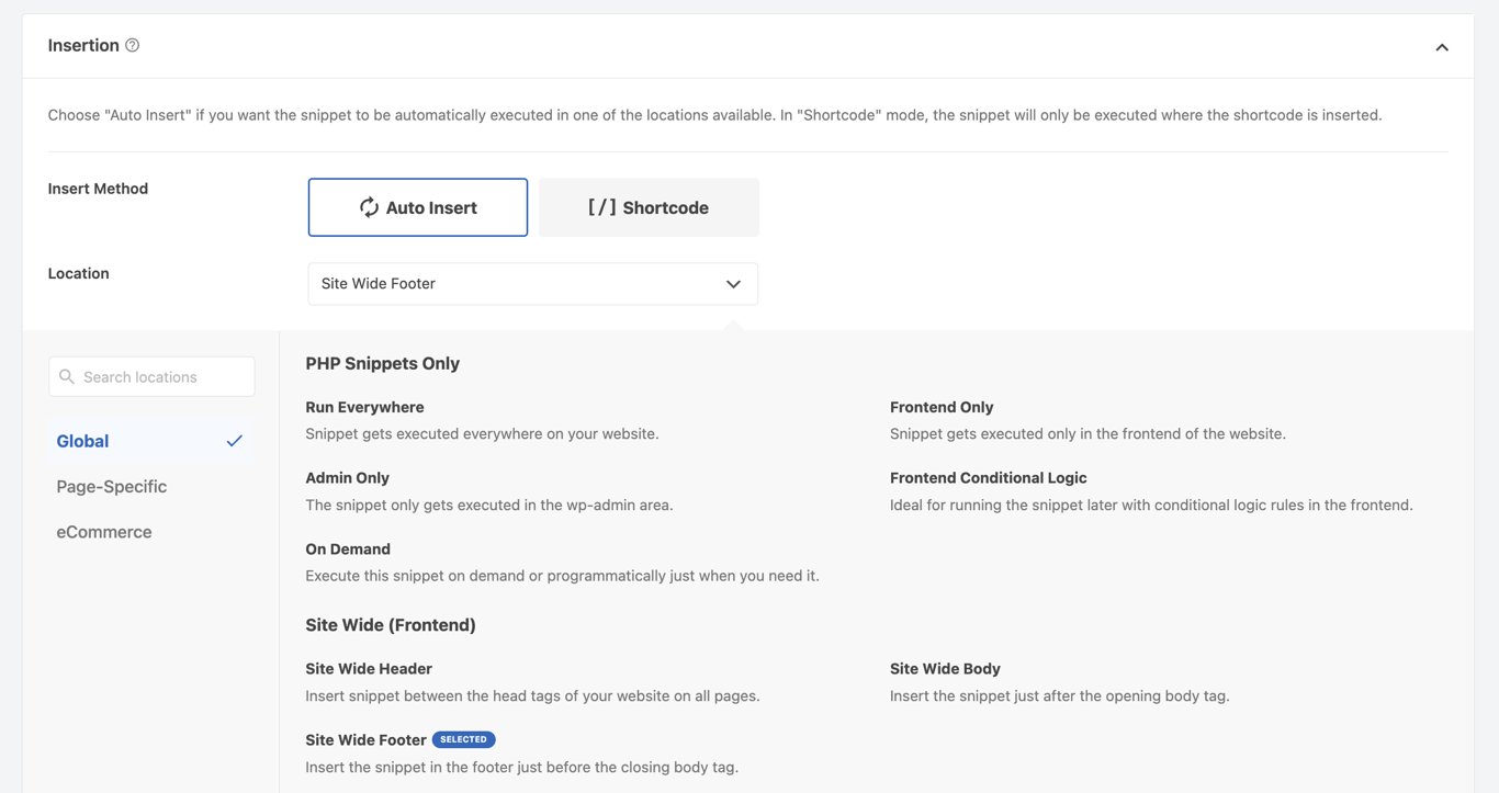 WPCode Insertion settings with Auto Insert and Site Wide Footer selected