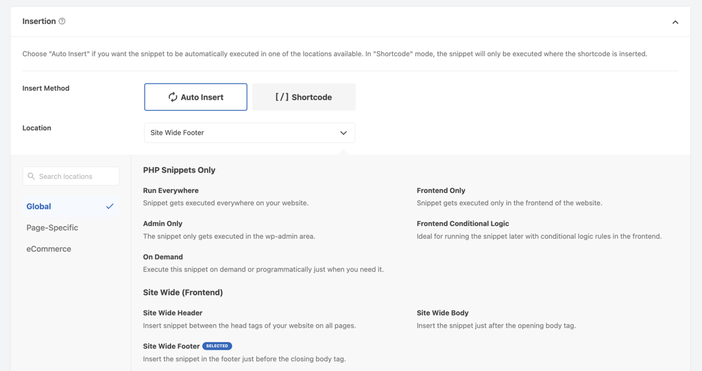 WPCode Insertion settings with Auto Insert and Site Wide Footer selected