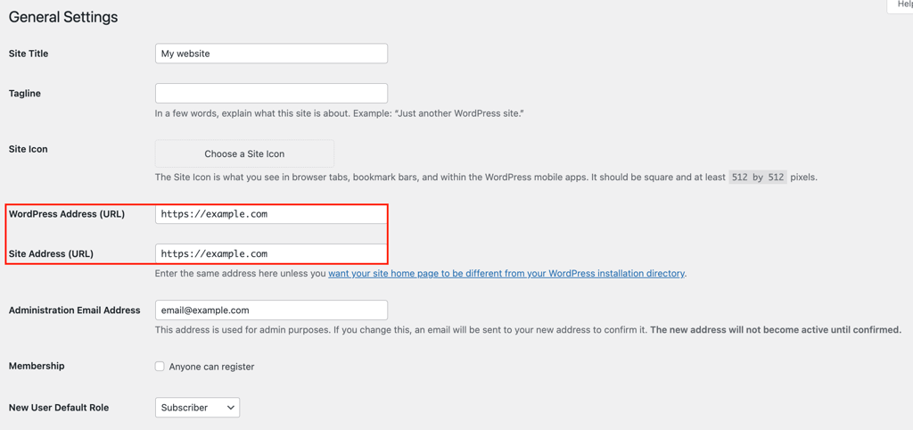 The WordPress Address (URL) and Site Address (URL) fields in thw WordPress dashboard