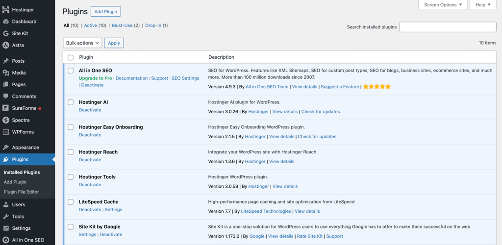 The Installed Plugins menu on a WordPress dashboard