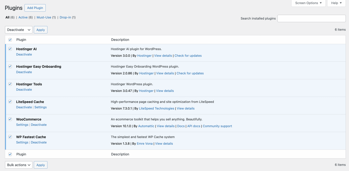 The Deactivate option in the Plugins menu of the WordPress dashboard