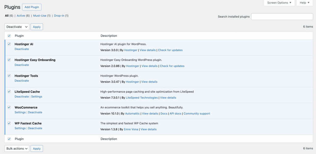 The Deactivate option in the Plugins menu of the WordPress dashboard