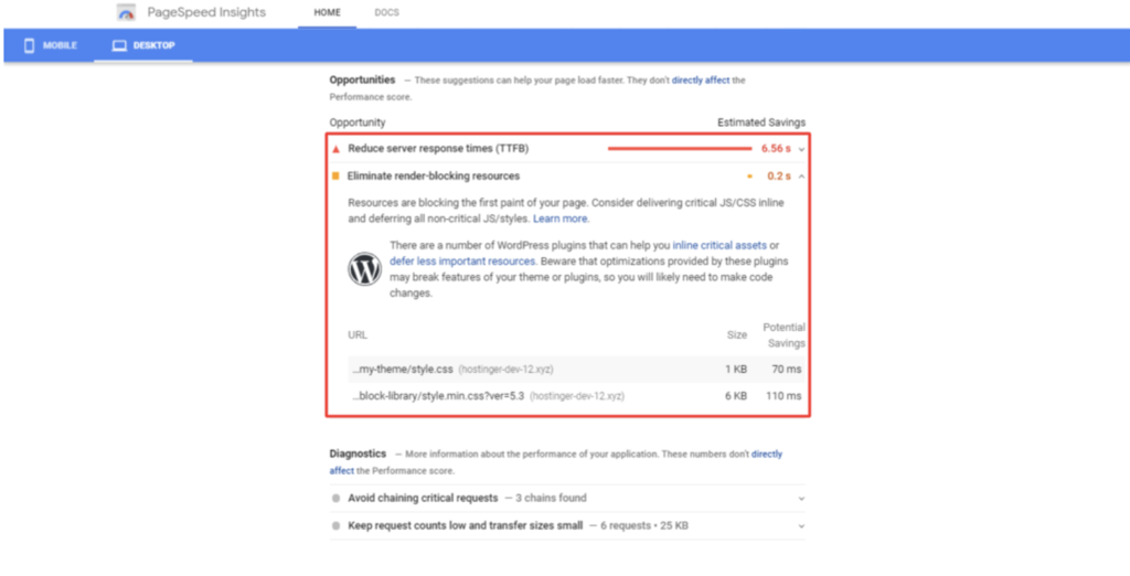 Google PageSpeed Insights desktop diagnostics report