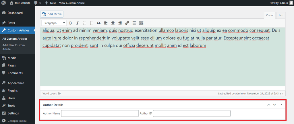 A custom author details meta box in the WordPress post edit screen