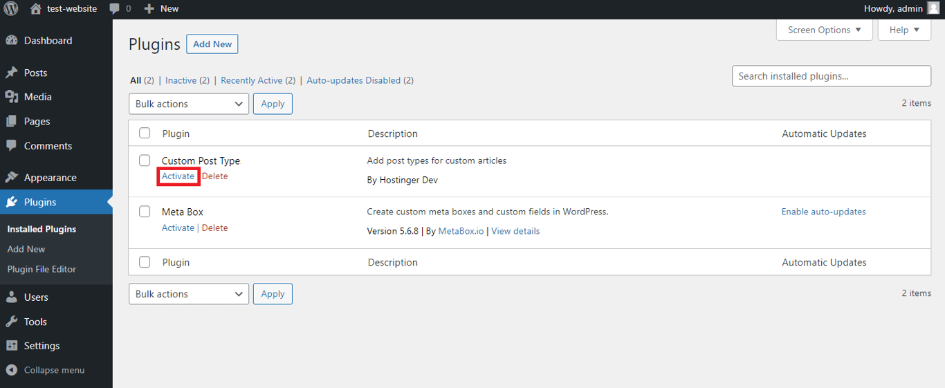 Custom Post Type plugin activation setting